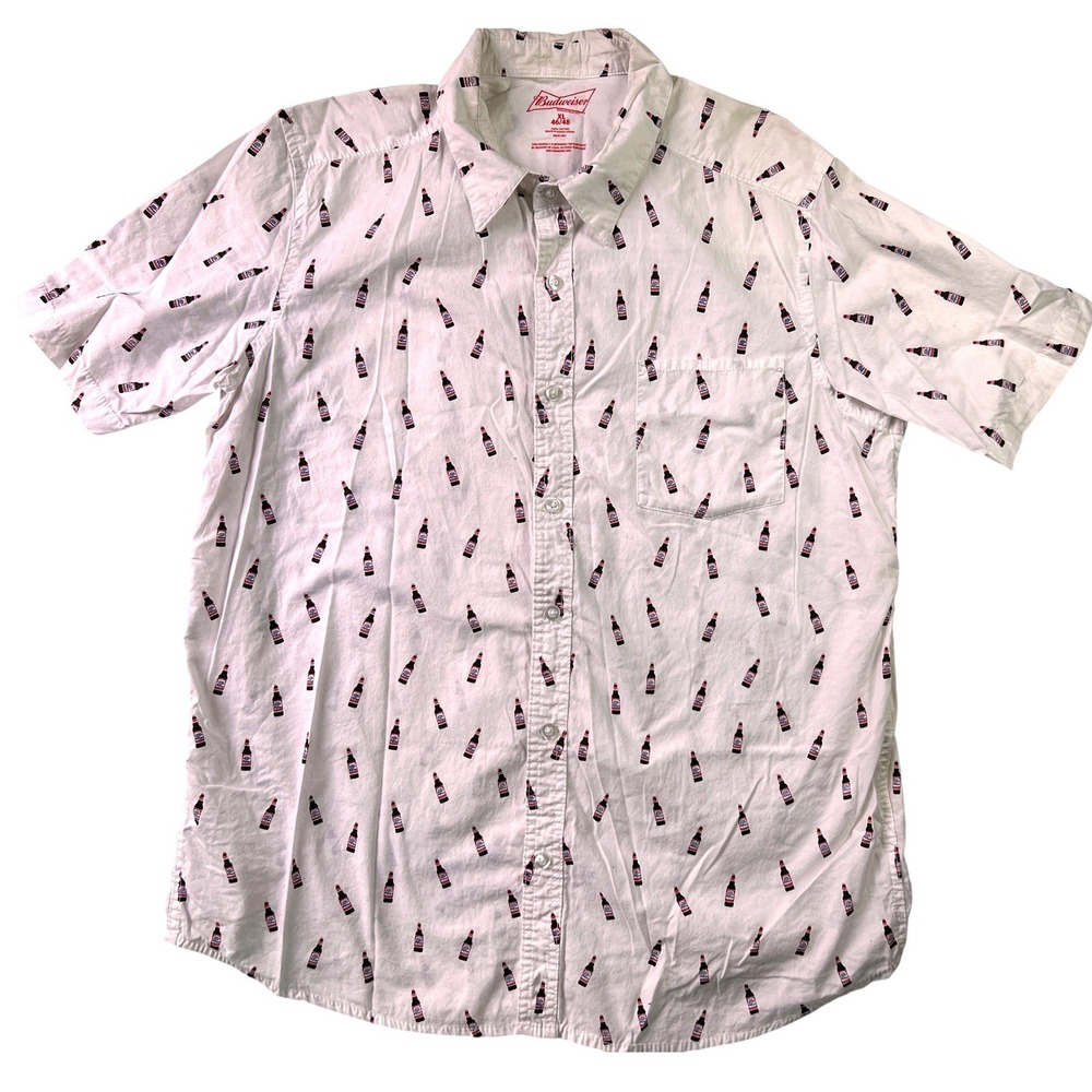 Budweiser Button Down Shirt Mens XL White Beer Bottle Print Good Short Sleeve